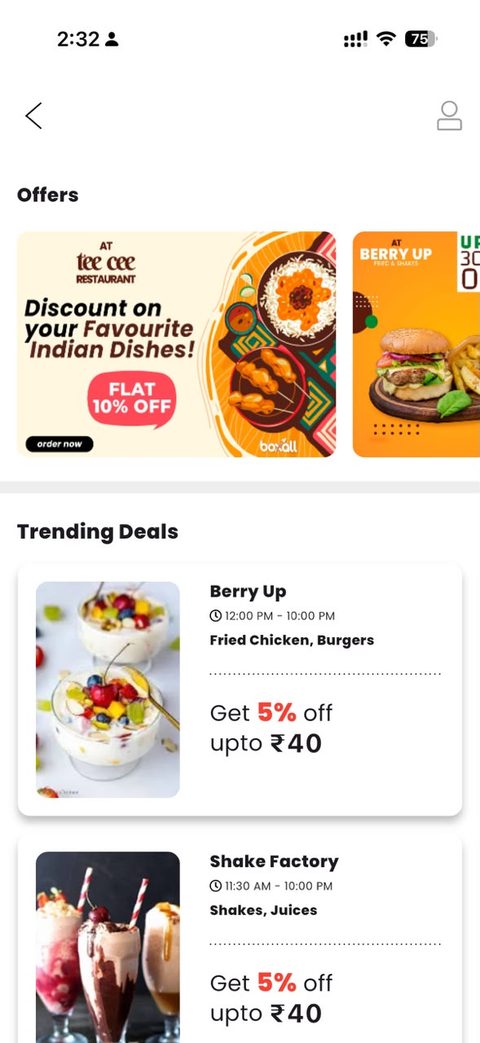 Offers and trending deals screen in the Boxall app