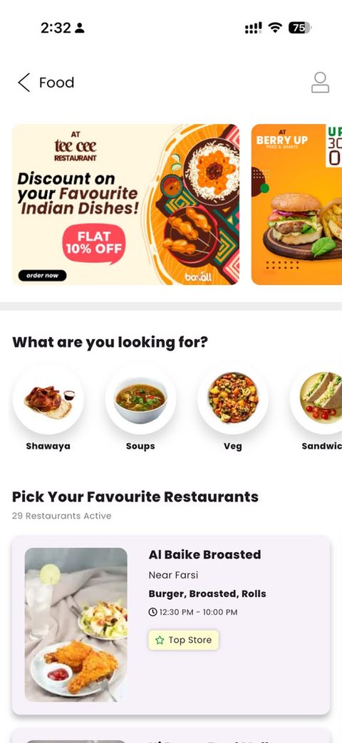 Restaurant listing screen in the Boxall app showing local Thodupuzha restaurants