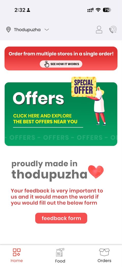 Boxall app screen showing ordering from multiple stores in a single order, proudly made in Thodupuzha