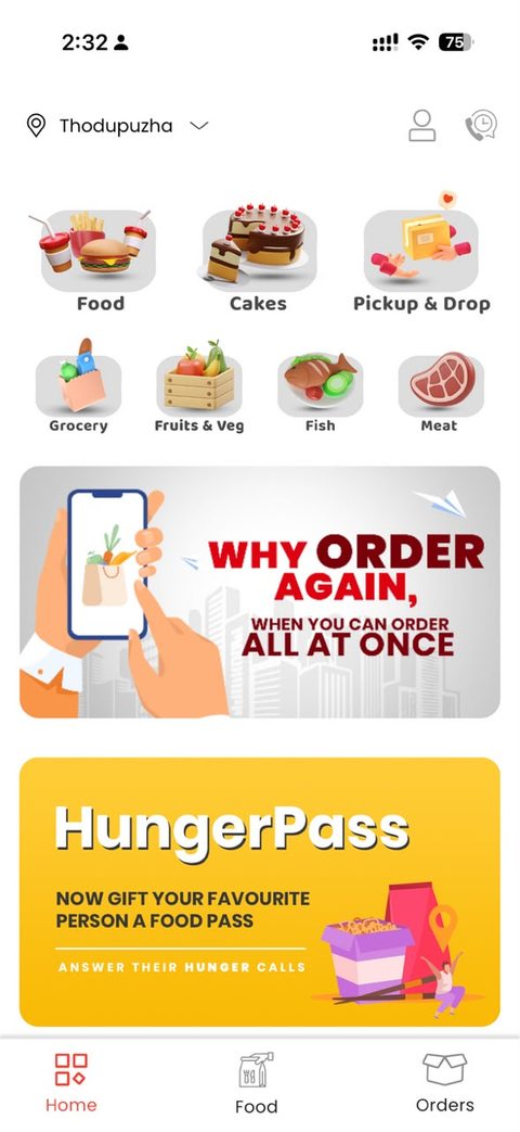 Boxall app home screen with food, cakes, grocery, fish, meat and pickup and drop categories