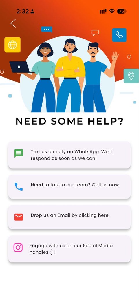 In-app help screen with WhatsApp, call and email support options