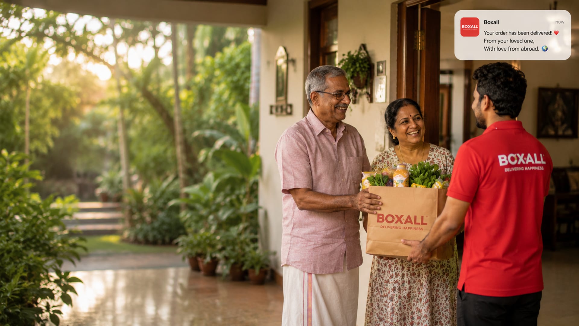 A Boxall delivery person handing a bag of groceries to an older couple at the door of their home in Kerala